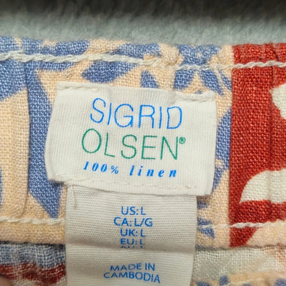Sigrid‎ Olsen Womens 100% Linen Patchwork Botanical Shorts Red Blue Tan Large